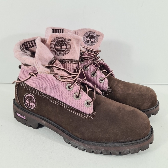 Timberland Roll Top Ankle Chunky Boots Pink & Brown Girls Size 6M (24 Cm) - Picture 1 of 8